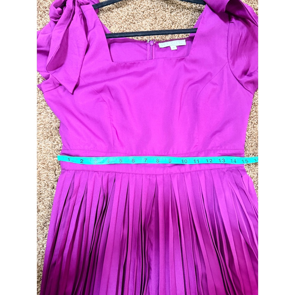 Ivy City Co Magenta Purple Pleated Midi Dress Bow Shoulder Square Neck Womens M - Picture 5 of 8